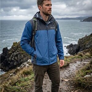 Columbia Glennaker Lake Men’s Rain Jacket Blue Packable Hooded Full Zip Size XLT